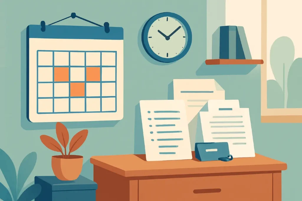 Imagem ilustrativa sobre gestão da empregada doméstica, mostrando calendário, agenda, telefone, relógio, documentos e ambiente de escritório.