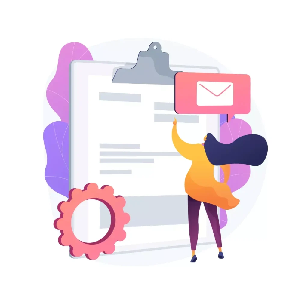 Ilustração de uma mulher ajustando um documento em uma grande prancheta, simbolizando elaboração de contrato de trabalho doméstico 2025 com elementos gráficos modernos.