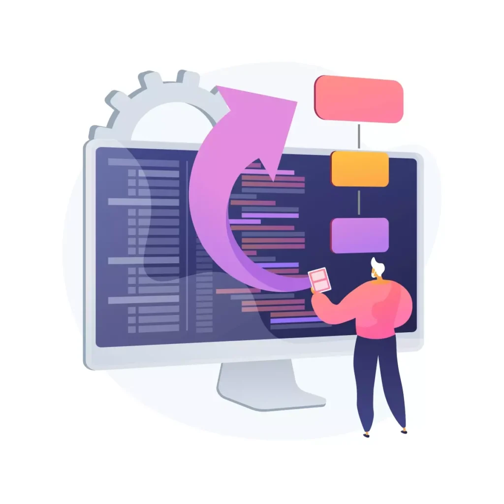 Ilustração de uma pessoa analisando sistemas e mapas digitais, simbolizando a busca pelo melhor sistema para empregador doméstico, com elementos de tecnologia e gestão.