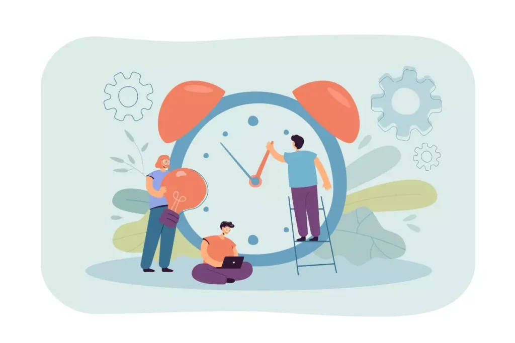 Ilustração explicando sobre a quantidade de horas semanais que uma empregada doméstica pode trabalhar, com pessoas ajustando um grande relógio em fundo claro.