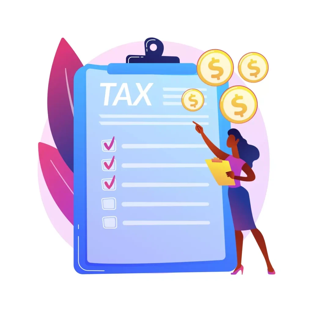 Ilustração representando o cálculo do salário mínimo de Santa Catarina para domésticas, com itens fiscais e uma mulher apontando para uma lista de tarefas.