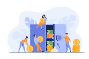 Ilustração que mostra uma pessoa resolvendo questões financeiras relacionadas a direitos de domésticas, enfatizando dicas de economia ao pagar todos os direitos. A cena inclui pessoas manipulando moedas e uma gaveta de dinheiro, simbolizando controle financeiro e como economizar pagando todos os direitos da doméstica.