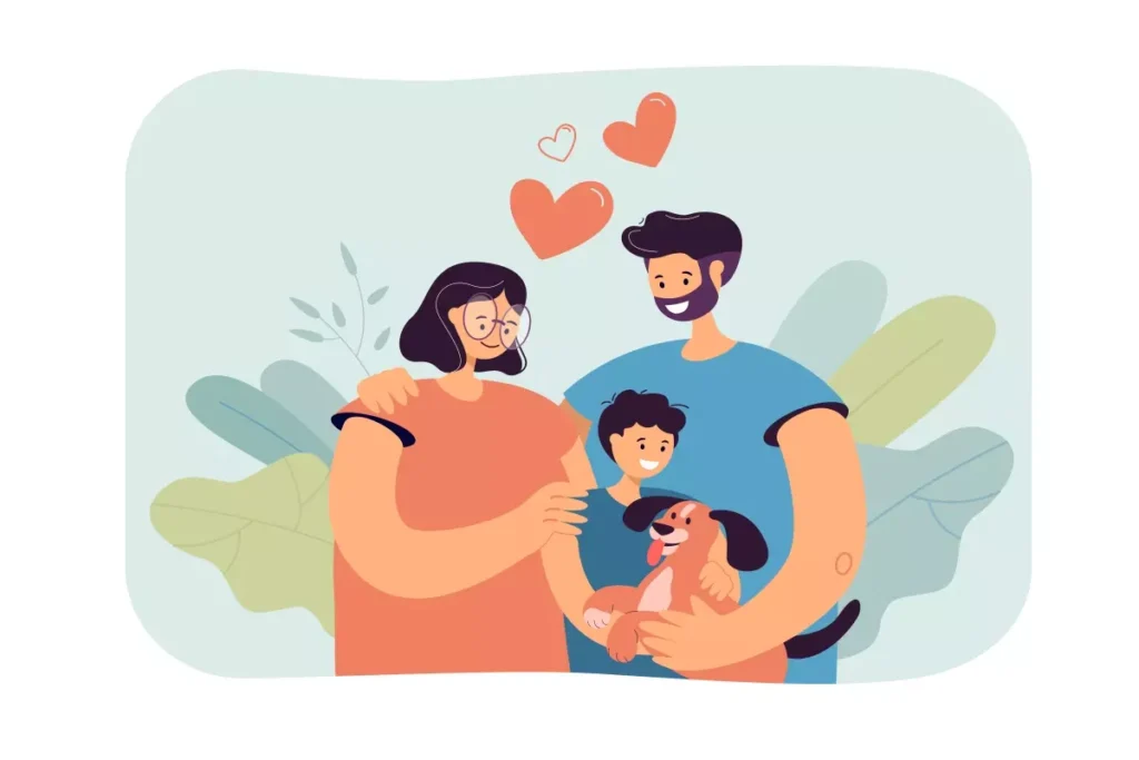 Família feliz com mãe, pai, filho e cachorro, reforçando o direito da empregada doméstica ao salário-família, tema de interesse social e trabalhista.