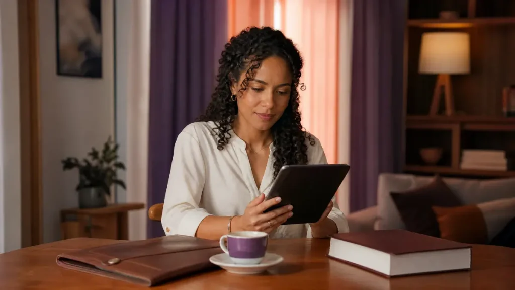 Mulher com cabelo cacheado usa um tablet em uma sala aconchegante à noite, com xícara de café na mesa e iluminação quente ao fundo, lendo mensagens ou documentos.