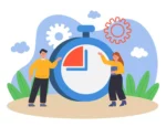 Imagem ilustrativa de controle de ponto digital com relógio e duas pessoas supervisionando o sistema, ideal para aprender como fazer controle de ponto com Hora do Lar.