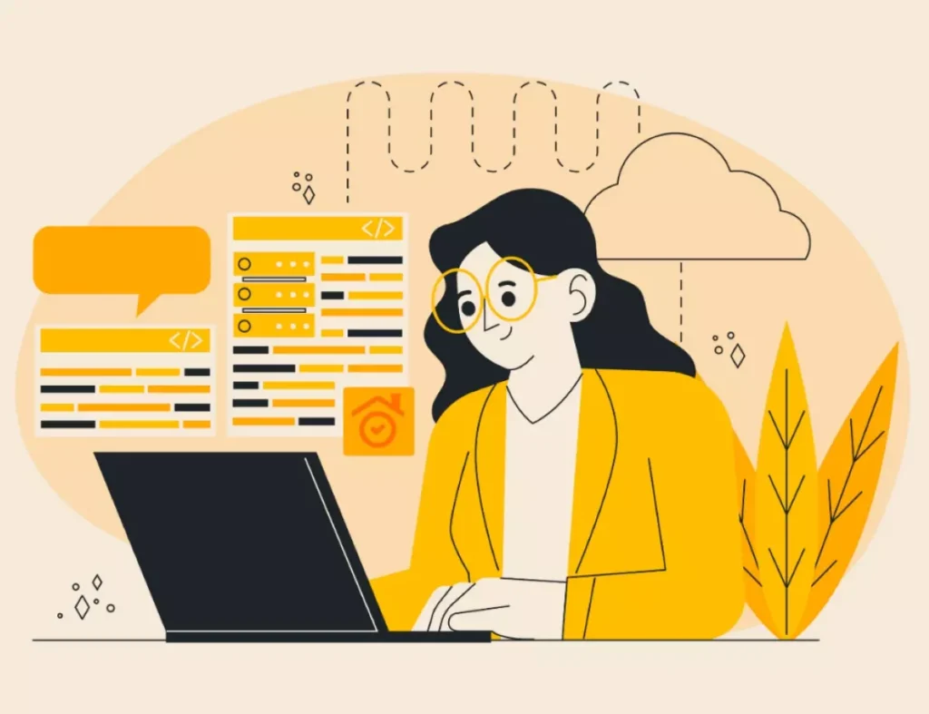 Ilustração de uma mulher trabalhando no computador, com elementos que representam tecnologia e programação, relacionada ao tema como funciona o Hora do Lar