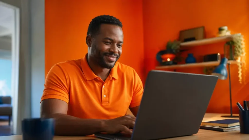 Homem sorrindo em frente a um computador, promovendo dicas sobre como regularizar o eSocial doméstico de forma simples e eficiente.