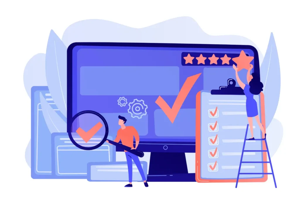Ilustração sobre como regularizar o eSocial doméstico, com pessoa verificando checklist e monitor de computador mostrando status de regularização.