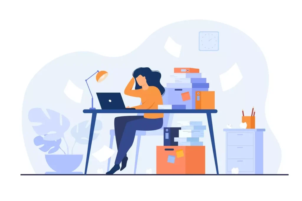 Cena ilustrativa de uma empregadora ou empregador administrativo, lidando com a rescisão sem justa causa do empregado doméstico em um ambiente de escritório desorganizado.