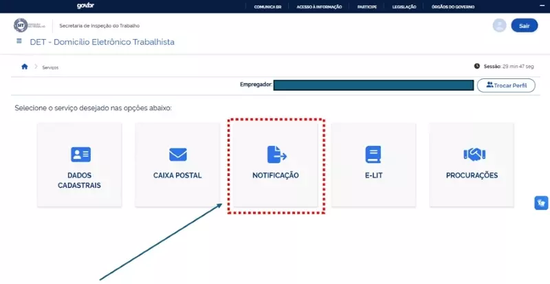 Tela do sistema do DET mostrando que não há notificações de empregador disponíveis para consulta.