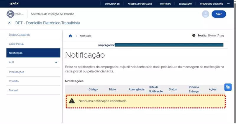 Imagem da tela do sistema DET mostrando o menu de notificações sem notificações encontradas, explicando como consultar notificações no DET doméstica.