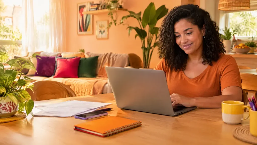 Mulher trabalhando em casa no notebook, com documentos sobre a mesa e um café ao lado, ambiente aconchegante. como registrar empregada doméstica no eSocial