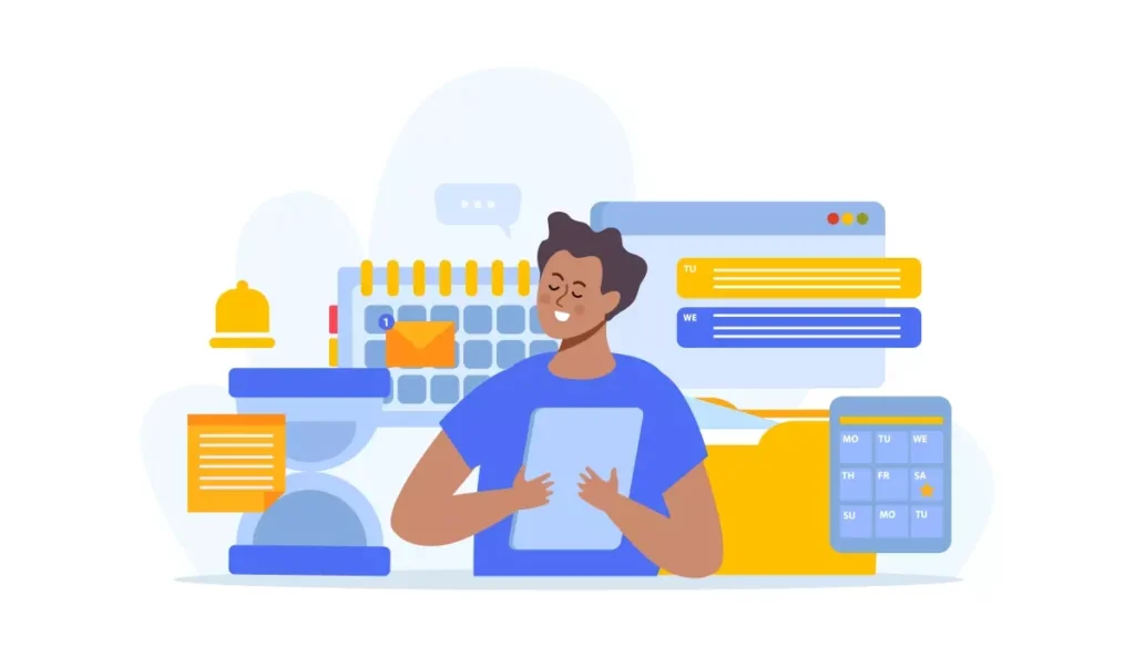 Ilustração de uma pessoa usando tablet ao fundo de um calendário, computador e documentos, representando a regularização do FGTS para doméstica.