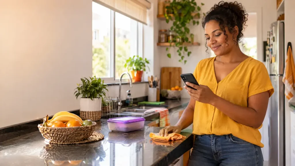 Mulher usando celular na cozinha enquanto separa produtos para o dia a dia, ambiente doméstico e foco em rotina digital. App para controle de ponto da doméstica em destaque