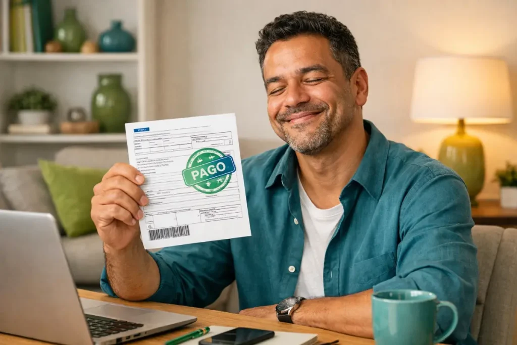 Homem sorridente segurando uma nota de pagamento do eSocial doméstico, indicando que o pagamento atrasado foi regularizado com sucesso.