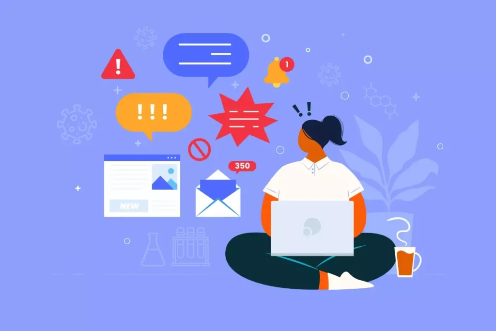 Ilustração mostrando uma pessoa recebendo várias mensagens de alerta, e-mails e notificações, simbolizando os riscos da má gestão da empregada doméstica e suas consequências.