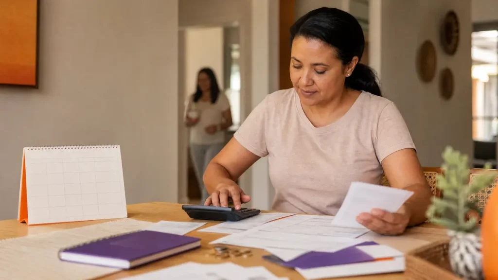 como calcular férias da empregada doméstica: mulher em casa analisando documentos e fazendo anotações sobre um calendário e papéis na mesa, com calculadora ao lado