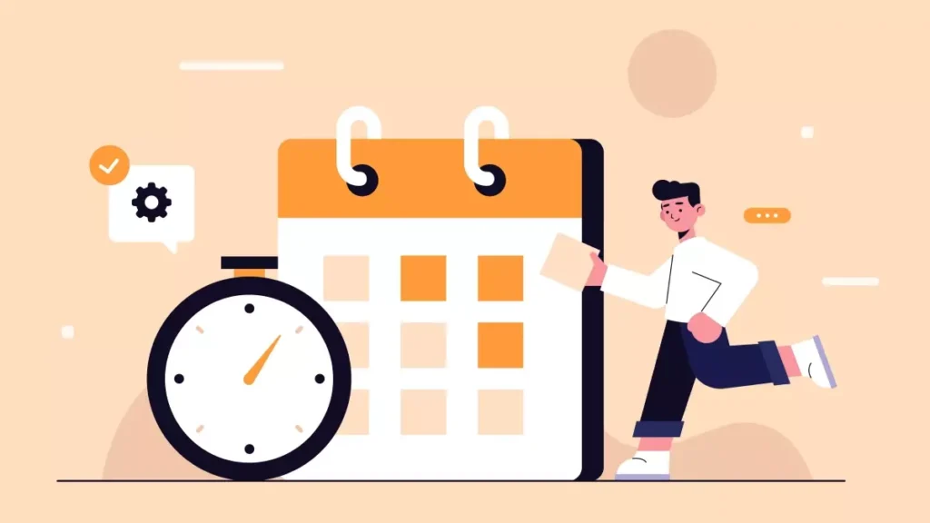 Ilustração de um calendário e um relógio ao lado de uma pessoa correndo, representando os feriados da empregada doméstica em 2026.