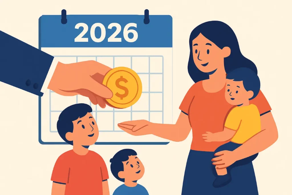 Imagem ilustrativa do calendário 2026 com uma mulher recebendo pagamento de uma empregada doméstica, destacando aumento do salário-família para 2026.