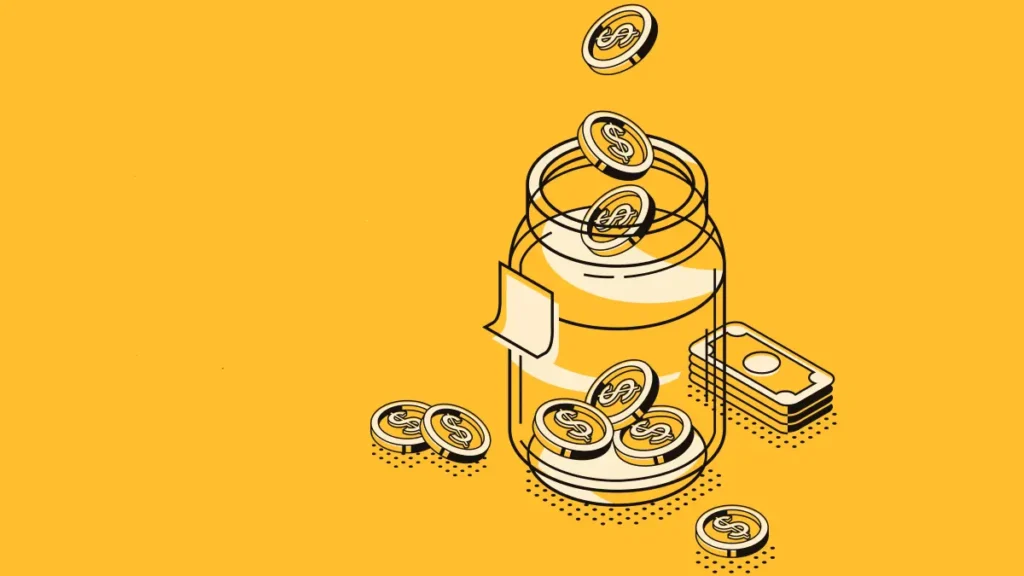 Ilustração de uma jarra com moedas ao redor e uma pilha de dinheiro ao lado, representando o salário mínimo da empregada doméstica em 2026.