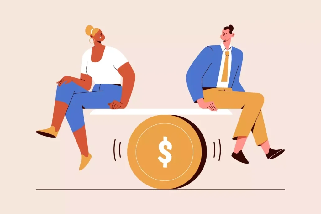 Imagem ilustrativa relacionada ao salário mínimo de Santa Catarina 2026 para domésticas, mostrando duas pessoas sentadas em uma balança com símbolo de dólar.