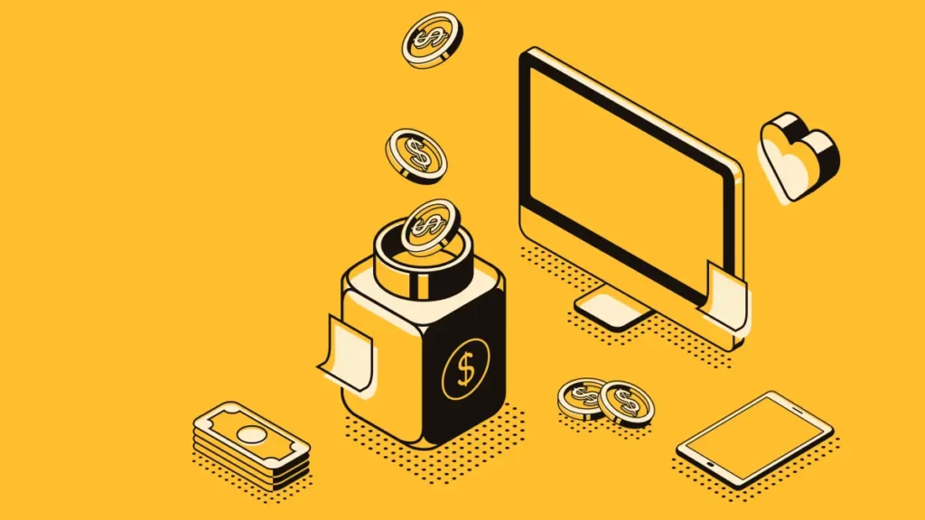 Ilustração digital em estilo minimalista mostrando uma pilha de moedas de dinheiro, um monitor de computador, um smartphone e uma carteira, representando o salário mínimo de São Paulo em 2026 para domésticas. Cores predominantes amarela e preta.