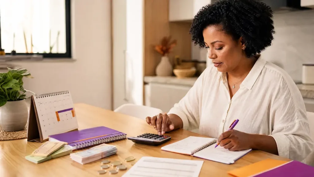 valor das férias de empregada doméstica: Mulher trabalhando à mesa, fazendo anotações em um caderno e usando calculadora para organizar contas e finanças domésticas em casa; ao lado há documentos e um calendário.