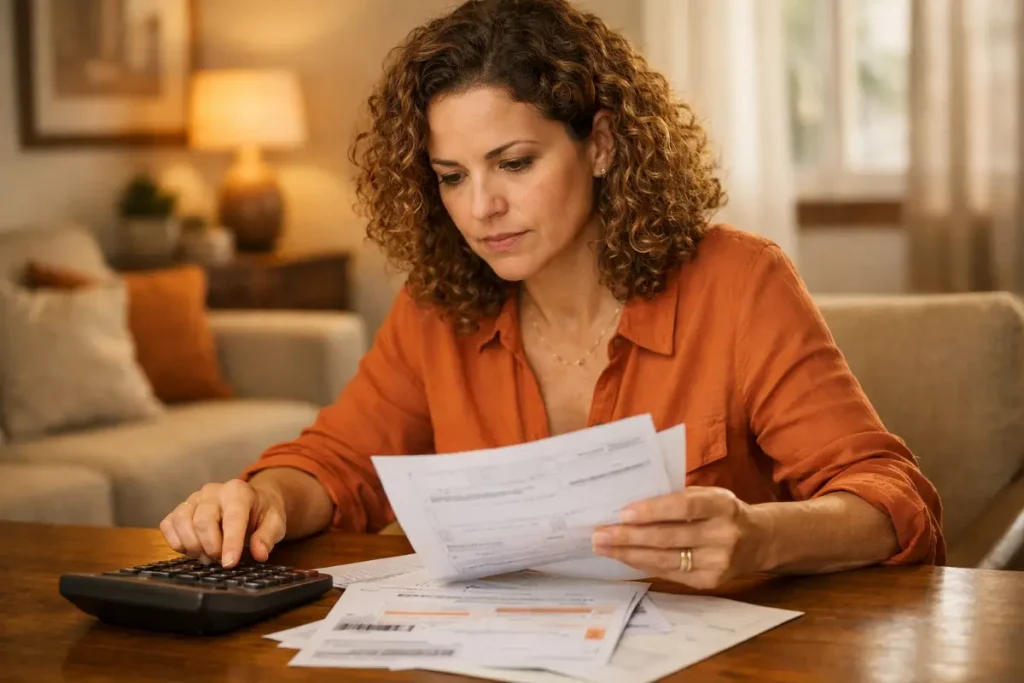 Mulher analisando documentos financeiros em casa, com foco em cálculo de rescisão da doméstica, usando calculadora para realizar cálculos precisos.