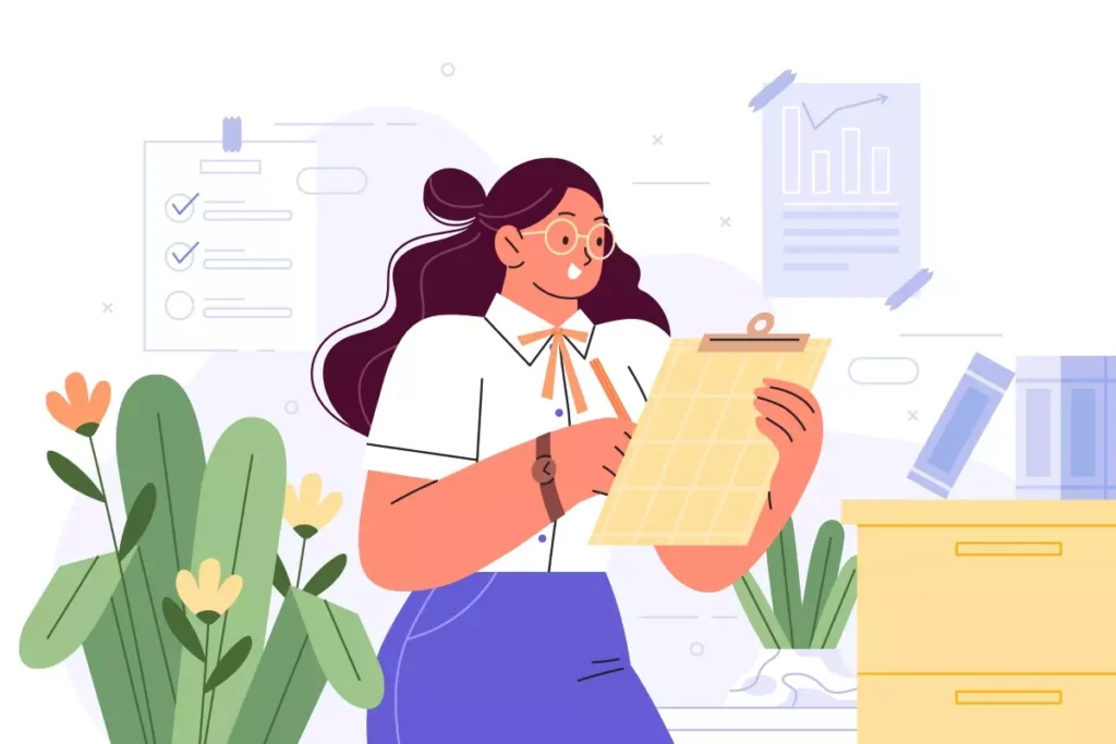 Ilustração de uma mulher segurando uma planilha, representando orientação sobre como fazer rescisão de empregada doméstica, com gráficos e documentos ao fundo.