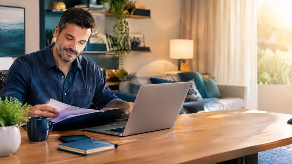 Homem em casa analisando documentos e usando notebook sobre a mesa, enquanto trabalha em uma rotina de escritório; tema eSocial Doméstico para controle de atividades.