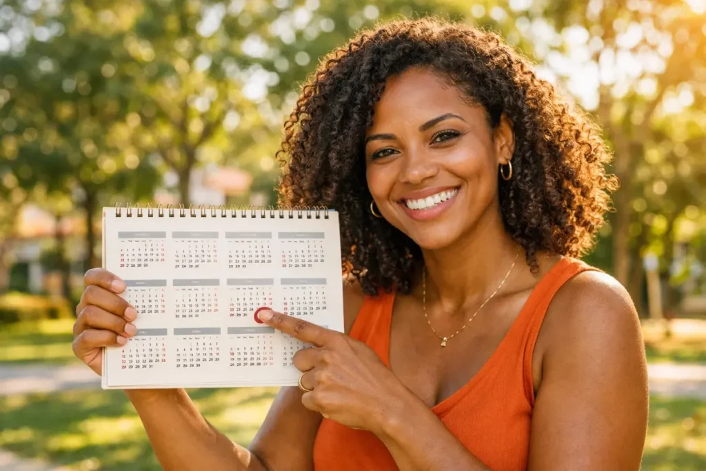 Mulher negra sorridente apontando para calendário ao ar livre, destacando os feriados da empregada doméstica em 2026.