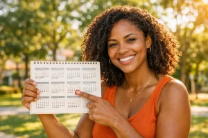 Mulher negra sorridente apontando para calendário ao ar livre, destacando os feriados da empregada doméstica em 2026.