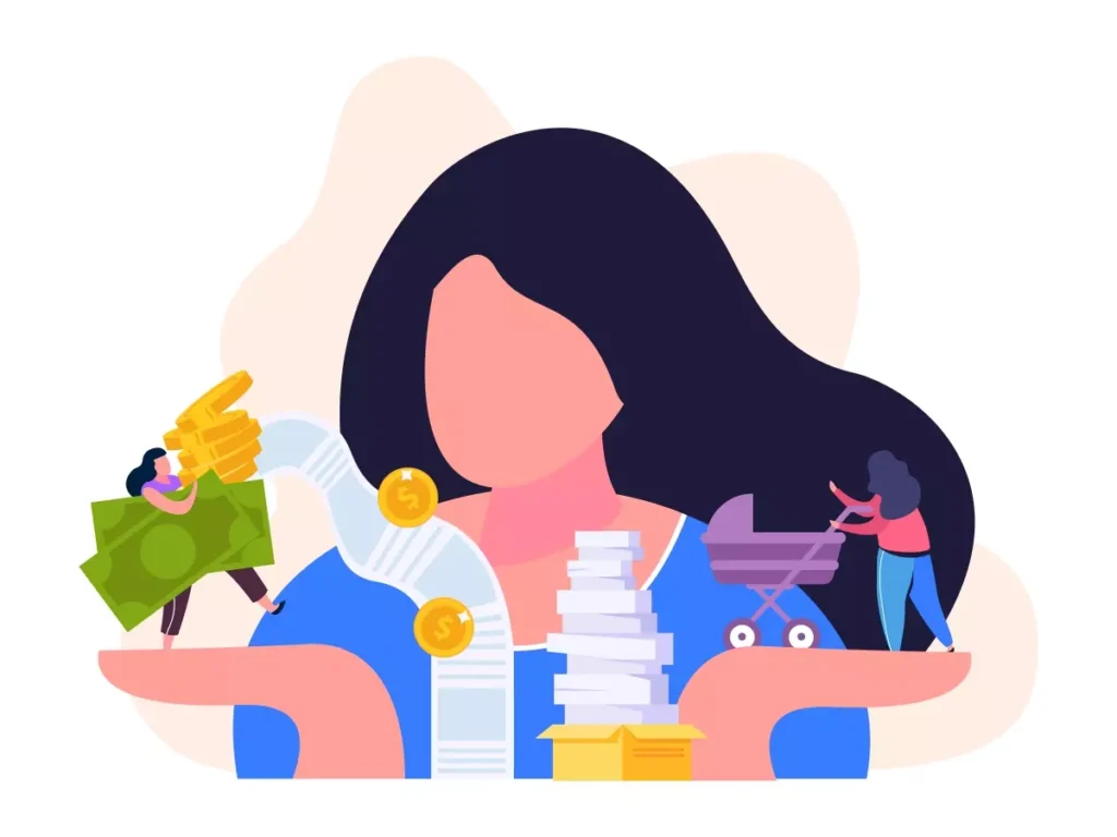 Ilustração de uma mulher com diversos elementos representando a folha de pagamento da babá, incluindo dinheiro, recibos, e uma criança, simbolizando o gerenciamento financeiro de modo visual e informativo.