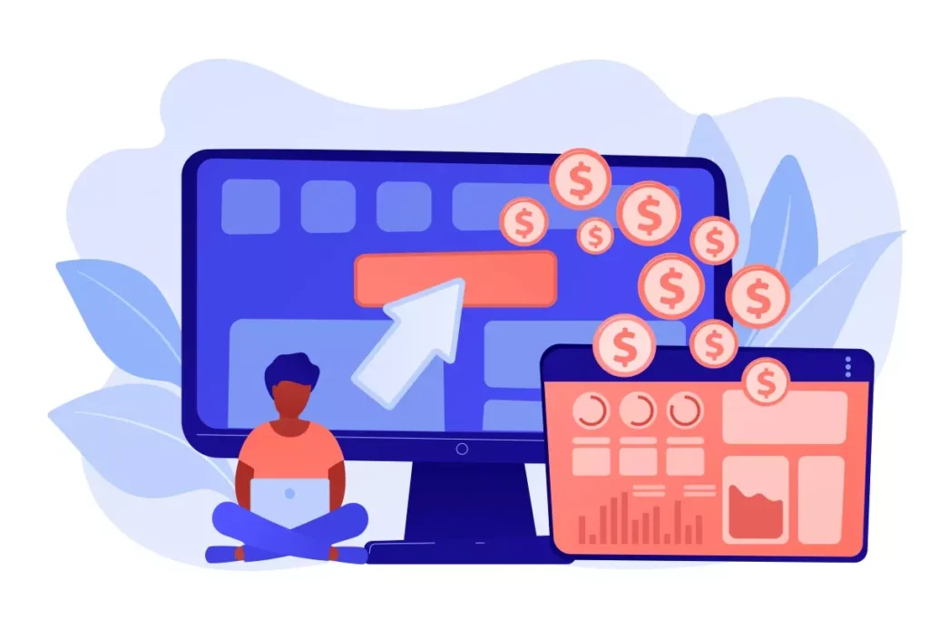 Ilustração sobre informe de rendimentos doméstica 2026, com computador, gráficos e moedas, ideal para quem busca orientações fiscais e tributárias.