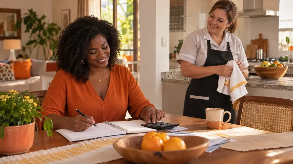 Quanto custa uma empregada doméstica? Imagem de duas mulheres em casa: uma está sentada à mesa com caneta e calculadora, enquanto a outra, de avental, organiza utensílios na cozinha