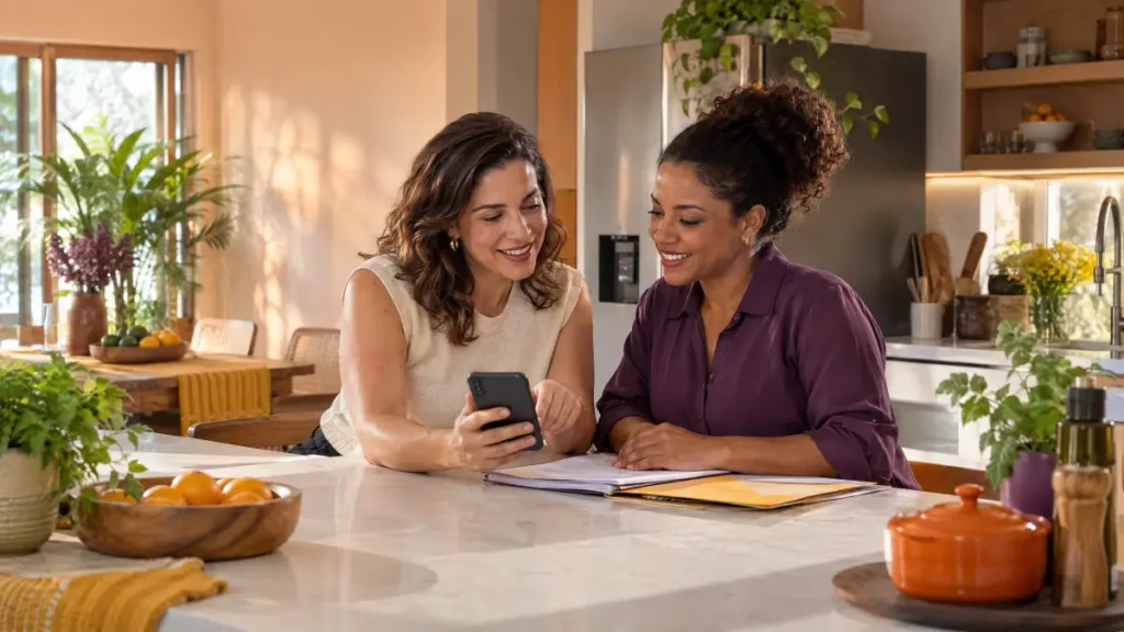 Duas mulheres conversam na cozinha de casa enquanto uma usa o celular e a outra faz anotações em um papel, sugerindo planejamento e registro da empregada doméstica.