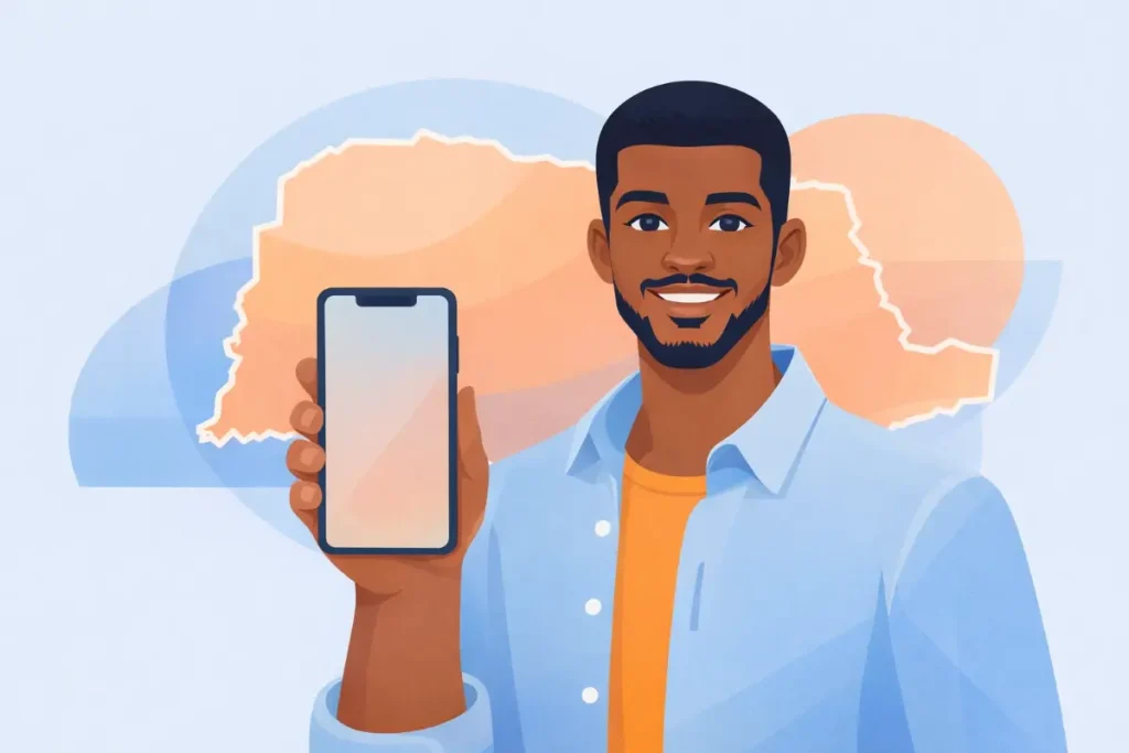 Ilustração de homem segurando celular com mapa do estado ao fundo, representando informações sobre o salário mínimo do Paraná atualizado.