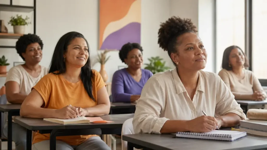 Grupo de empregadas domésticas participando de uma capacitação, aprimorando suas habilidades e conhecimentos profissionais para melhorarem seu desempenho no trabalho.