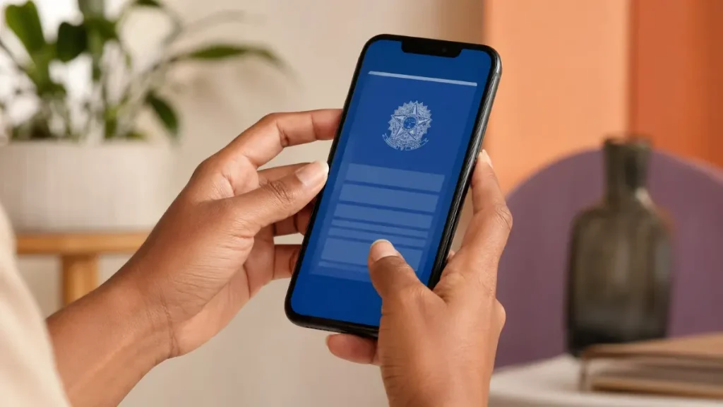 Pessoa usando um smartphone para assinar digitalmente a carteira de trabalho digital da doméstica, com foco no aparelho exibindo o documento digital.