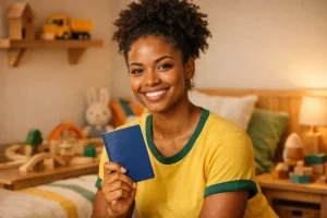 Imagem de uma jovem sorridente segurando um documento azul, com decoração de brinquedos no fundo, relacionada a como registrar a babá.