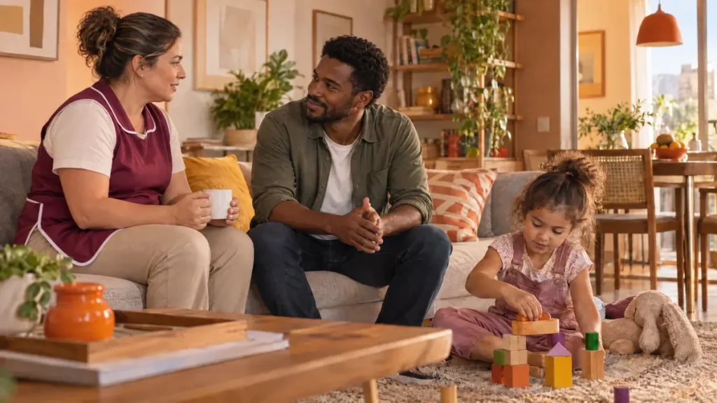Mulher em casa com colete conversa e interage com uma criança enquanto um responsável observa, em ambiente familiar acolhedor; ideia para contratar babá meio período.