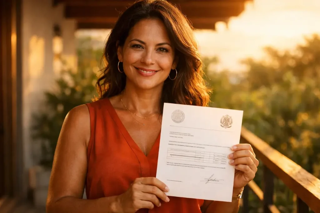 Doméstica com salário acima do mínimo nacional sorrindo e segurando documento de reajuste salarial ao pôr-do-sol