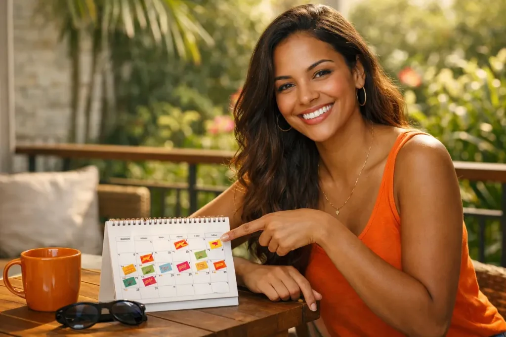 Mulher sorridente aponta para calendário no exterior com destaque para feriados, ilustrando os direitos do empregado doméstico nos feriados.