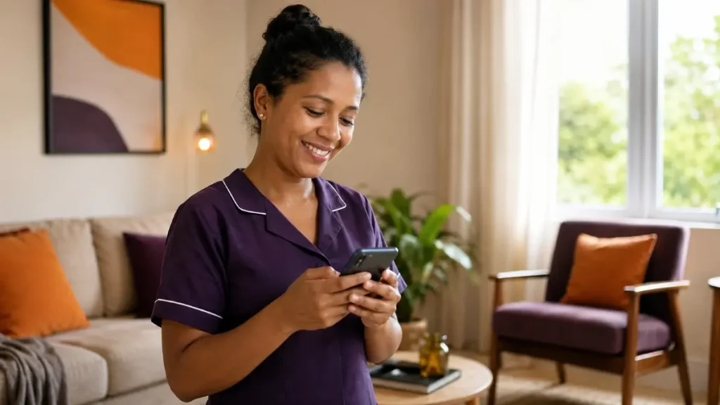 Mulher doméstica sorrindo enquanto usa smartphone em ambiente doméstico, simbolizando a importância da irredutibilidade salarial para trabalhadoras domésticas.