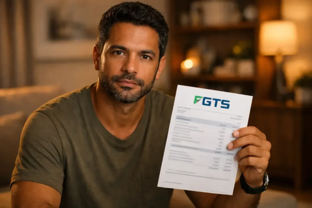Homem segurando o documento do FGTS, relacionado à multa de 40% do FGTS da empregada doméstica, em ambiente interno aconchegante.
