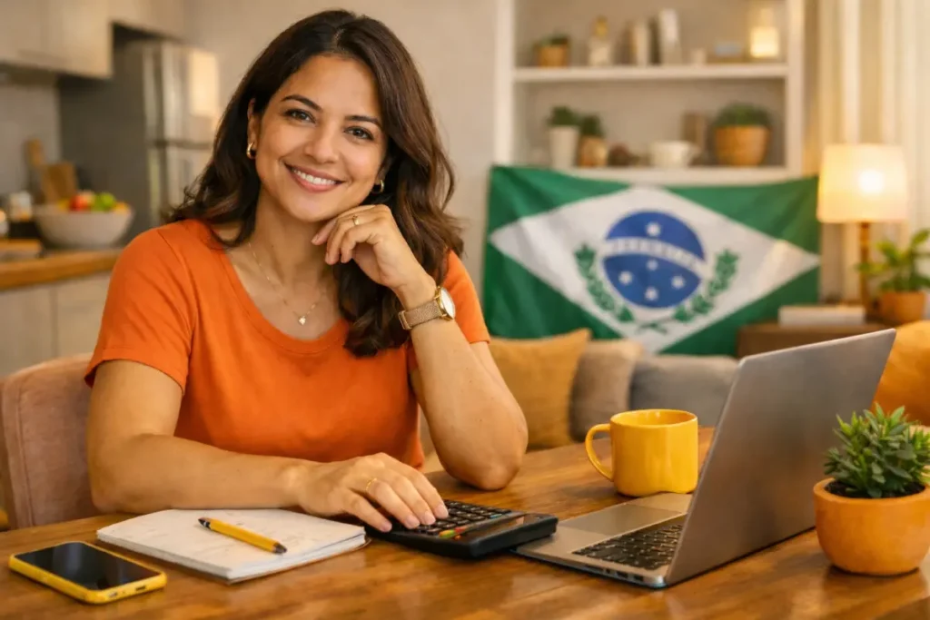 Mulher sorridente trabalhando em casa com bandeira do Brasil ao fundo, relacionada ao salário mínimo do Paraná 2026 para domésticas.