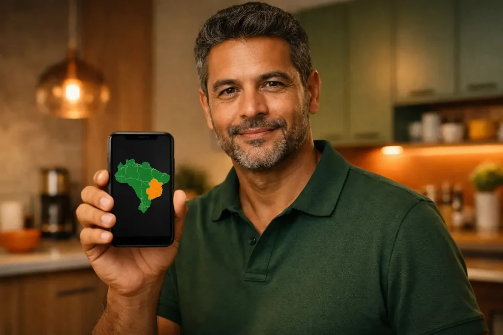 Homem exibindo mapa do Brasil no celular mostrando a região com maior salário mínimo regional para doméstica, conceito importante na economia e direitos trabalhistas no Brasil.