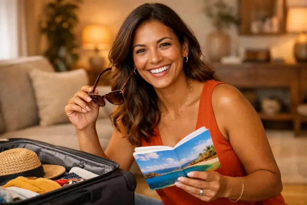 Mulher sorridente preparando o cálculo de férias da empregada doméstica, com um sorriso no rosto, segurando óculos e um livro, em casa.