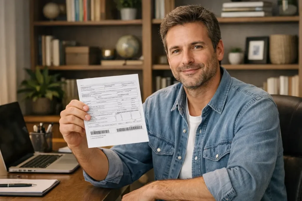 Homem sorridente segurando documento de imposto relacionado ao custo do eSocial para o empregador doméstico, em escritório organizado.
