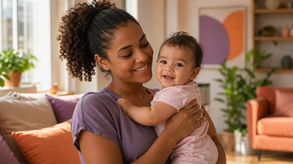Mulher cuidando de uma bebê em ambiente acolhedor, destacando a importância dos direitos da babá e o cuidado na relação mãe e criança.